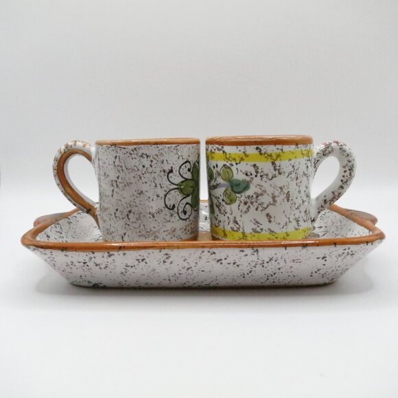 Demitasse Set F.I.C. Deruta Italy Cups Tray Majolica Floral Terracotta Tin Glaze - Picture 2 of 16